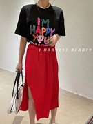 IHB夏季韩版开叉红色半身裙女2023小众设计感A字显瘦长裙子潮