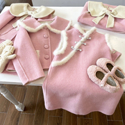 韩国童装女童毛呢套装冬季洋气，儿童加厚保暖外套背心裙女宝宝