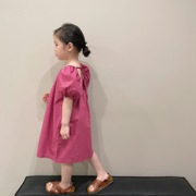 小露背系带女童玫红薄棉布小泡泡袖连衣裙韩国儿童中长款裙子夏