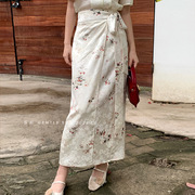 英国设计师TopWhit夏季印花高腰新中式半身裙提花缎面复古铅笔裙