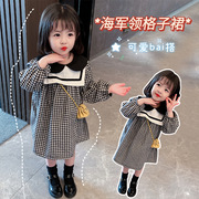 2024年韩版儿童棉布格子连衣裙春秋款女童海军领千鸟格娃娃衫