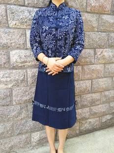 民族风蓝印花布女装长袖对襟衬衫 纯棉中式上衣 餐厅茶楼工作服