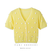 冰丝开衫女温柔风夏季短袖外套浅黄色V领套头小个子搭裙子上衣薄