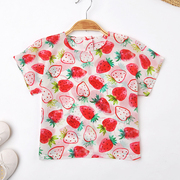 宝宝夏季草莓圆领真丝上衣儿童桑蚕丝短袖T恤女童装小女孩打底衫