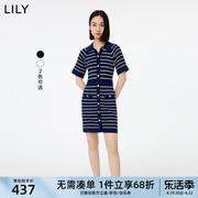 甄选lily2023夏女装(夏女装)复古条纹，别致翻领显瘦针织连衣裙