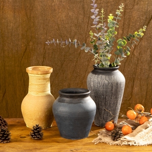 复古花瓶花盆粗陶陶罐，陶器中式陶土干花水培，手工摆件客厅仿古装饰