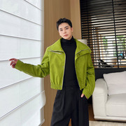 秋季时尚大翻领pu皮短款绿色皮衣，男外套设计感韩版炸街绿夹克上衣