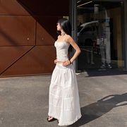 icvibe美式cleanfit·舒适背部松紧+精致花边，丝带收腰吊带+长裙