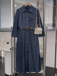 1.7斤蓝色单排扣长袖连衣裙翻领，通勤风中长裙，时尚休闲洋气l》8