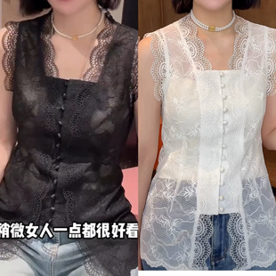 深圳南油蕾丝无袖背心百搭上衣女春季设计感内搭显瘦打底衫潮