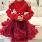 韩版春秋女童新年圣诞红色毛球泡泡袖毛衣儿童灯笼袖针织衫tutu裙