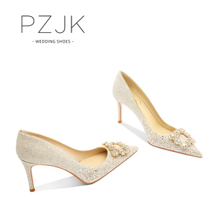 pzjk方扣水晶鞋女2022年气质高跟新娘，鞋金色婚鞋禾秀婚纱两穿