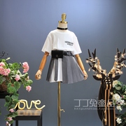 欧美女童装夏季时尚个性长T恤百褶裙套装韩版中大童洋气休闲纯棉
