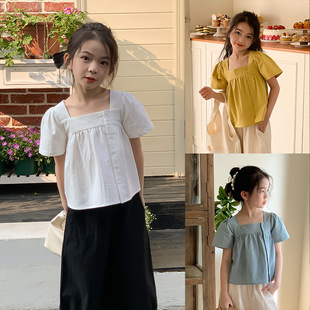 女童短袖娃娃衫夏装韩版小衫，中大童短款上衣纯棉t恤儿童衬衫套装