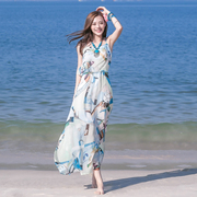 三亚度假旅行连衣裙，海南泰国海边沙滩裙，雪纺碎花吊带长裙