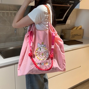 日系小众可爱粉色史努比甜甜圈刺绣，环保袋刺绣尼龙包购物袋单肩包