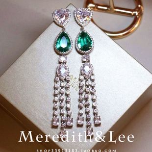 meredith&lee法式优雅宫廷复古长款流苏，轻奢绿色水滴礼服锆石耳环