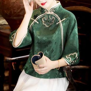 绿色复古盘扣中式上衣女2023年春秋季复古风民族风中国风设计