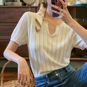 羊范法式镂空V领针织衫女士精纺羊毛衫短袖T恤设计感白色夏季小衫
