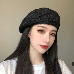 韩国chic蕾丝贝雷帽子女日系春夏季时尚透气百搭街头潮蓓蕾画家帽