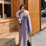 紫色日系牛角扣连帽大衣女冬季2022年韩系赫本风气质毛呢外套