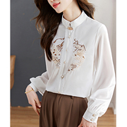 新中式国风刺绣衬衫女春季复古盘扣立领长袖雪纺上衣洋气小衫
