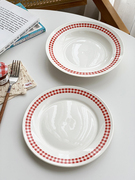 安木良品小熊，印花盘子创意陶瓷西餐盘红格8英寸家用盘