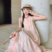 粉色条纹无袖连衣裙女2024夏季韩系甜美背心裙海边度假长裙