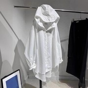 韩国中长款防晒衬衫女2024春季宽松大码长袖，衬衣白色连帽外套