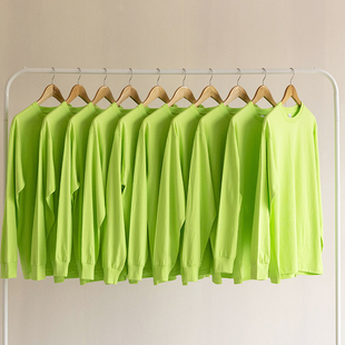 秋季荧光绿浅绿色纯棉长袖打底衫，上衣男女bf风纯色t恤宽松潮