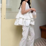日韩chic夏季无袖层层荷叶，边背心衬衫女系带，蓬蓬a字娃娃衫上衣