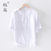 中国风白色圆领五分短袖，亚麻t恤男士，休闲薄款中袖棉麻半袖男t恤衫
