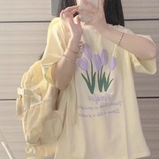 奶黄色短袖t恤女夏季日系oversize宽松学生百搭半袖上衣ins潮