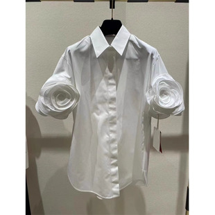 设计感玫瑰贴花短袖白色宽松衬衫，女法式2024春夏气质衬衣上衣