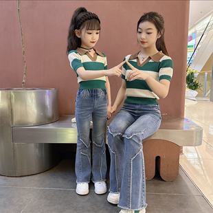 女童夏季韩版时髦条纹，polo衫牛仔喇叭裤两件套中大童烫钻裤子潮童