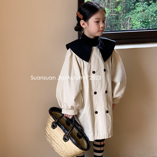 韩风女童撞色翻领风衣秋季小女孩洋气中长款双排扣泡泡袖外套