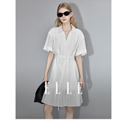 ELLE白色短袖法式连衣裙女2024夏季V领系带设计感小众裙子
