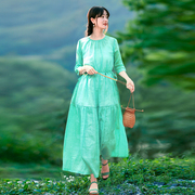 文艺复古仙气炒色纯苎麻绿色连衣裙 高端设计感七分袖森系长裙子