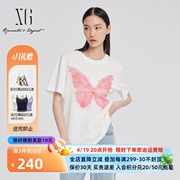 xg雪歌白色短袖T恤女2024夏款个性蝴蝶印花休闲上衣XJ201021A251