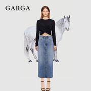 GARGA气质优雅蓝色包臀牛仔半身裙女2023秋季后开叉高腰长裙