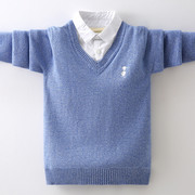 男童毛衣假两件衬衫领儿童针织，秋冬加绒加厚洋气，中大童毛线打底衫
