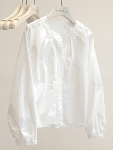 穿出高级感!2024春季韩版圆领单排扣长袖衬衫，女白色纯棉衬衣