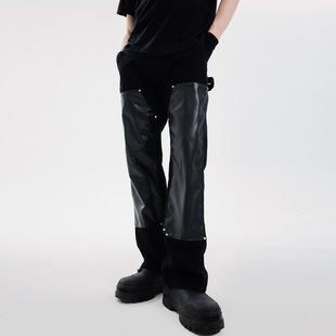 原创设计师皮裤潮流设计感小众直筒宽松微喇叭牛仔裤国潮牌男裤子
