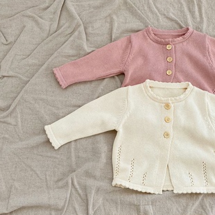 韩版婴儿衣服秋装针织开衫宝宝毛衣春秋圆领上衣洋气纯色外套套装