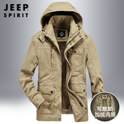 jeep吉普棉衣男士冬季中老年爸爸，冬装中长款棉服加绒加厚工装外套