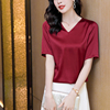 意冉真丝短袖t恤女缎面桑蚕丝，红色v领高级感气质简约韩版显瘦上衣