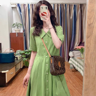 法式小清新绿色衬衫，连衣裙女夏季高级感收腰显瘦气质减龄长裙