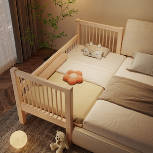 苏北鲁班定制榉木儿童床拼接大床带护栏加宽婴儿宝宝床边实木小床