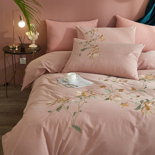nineer出口简欧式刺绣纯棉被套四件套1.5米1.8灰粉色双人床上用品
