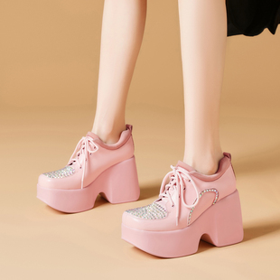 10cm可爱粉色高跟鞋春季真皮水钻方头单鞋小个子防水台厚底鞋